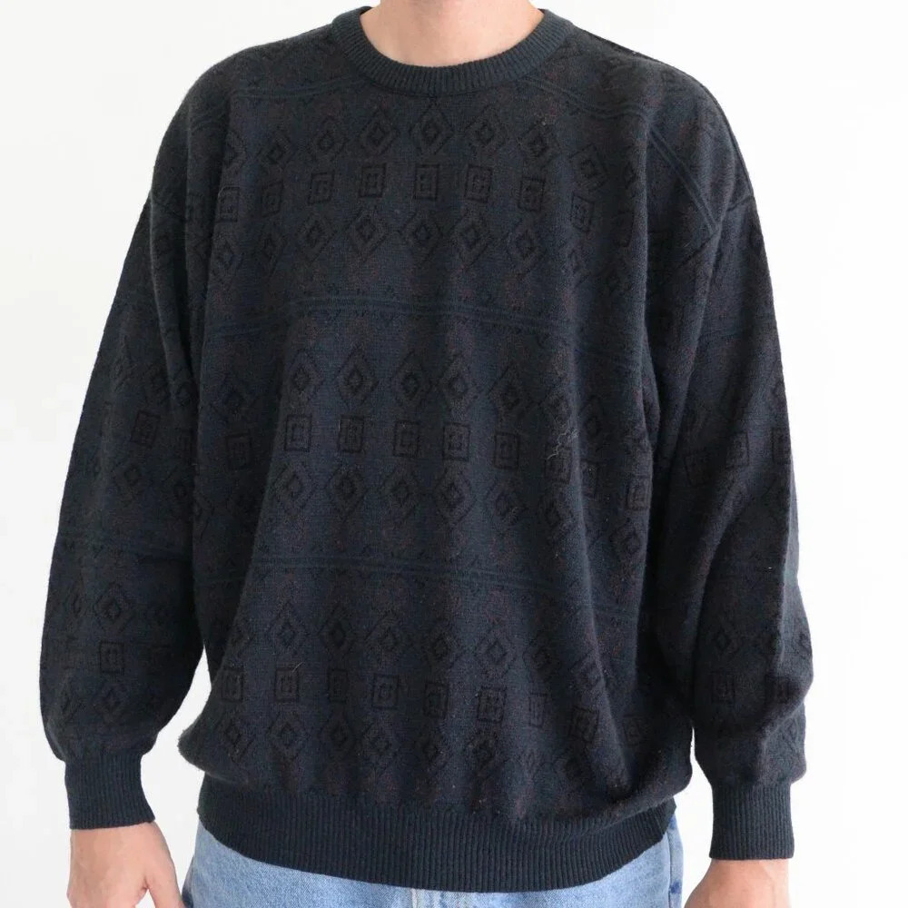 Vintage L'Alchimista Green And Purple 50% Wool Knit Geo Shapes Crew Neck Sweater